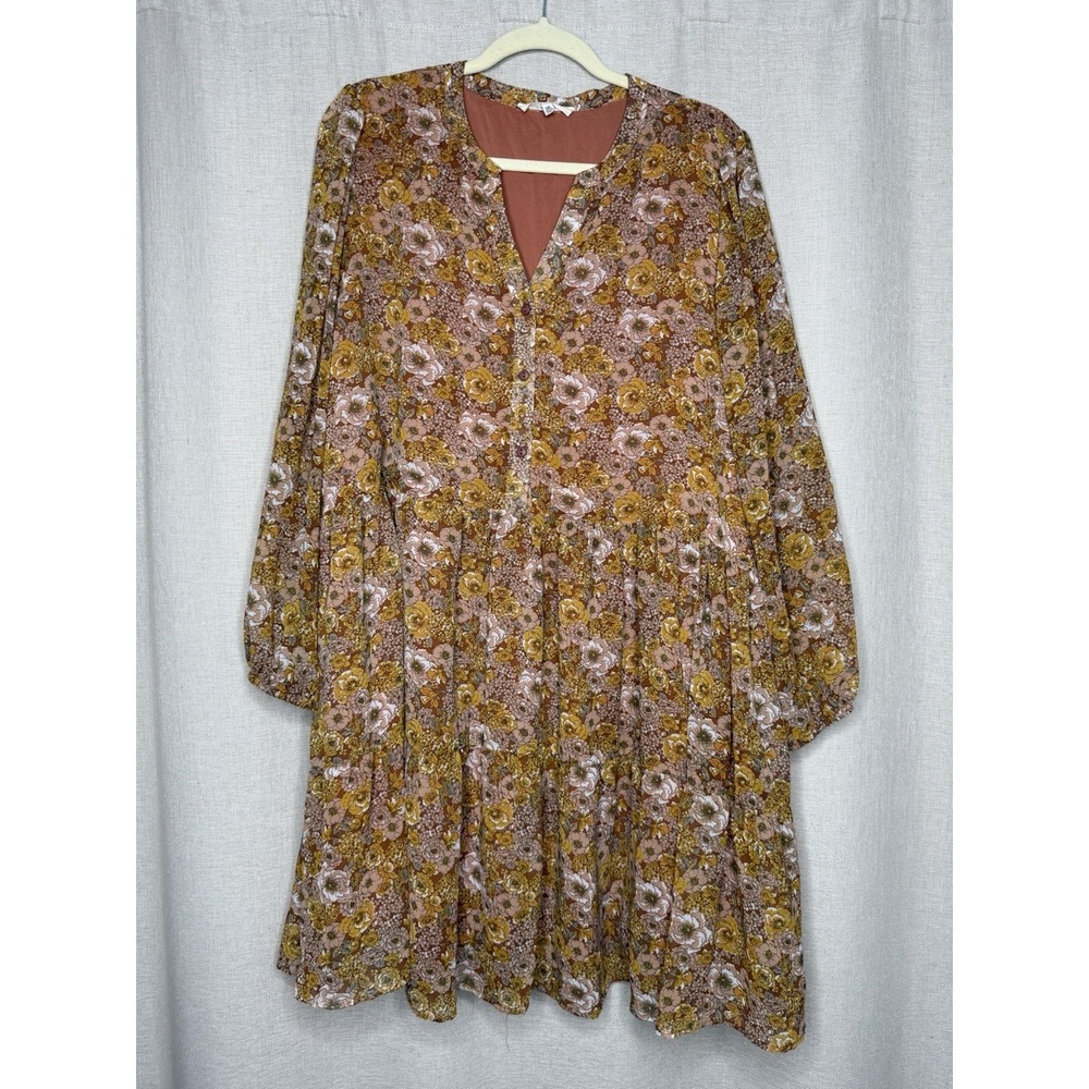 Indigo Soul Dress Women's 2XL Brown Yellow Floral Boho Short Babydoll Hippie